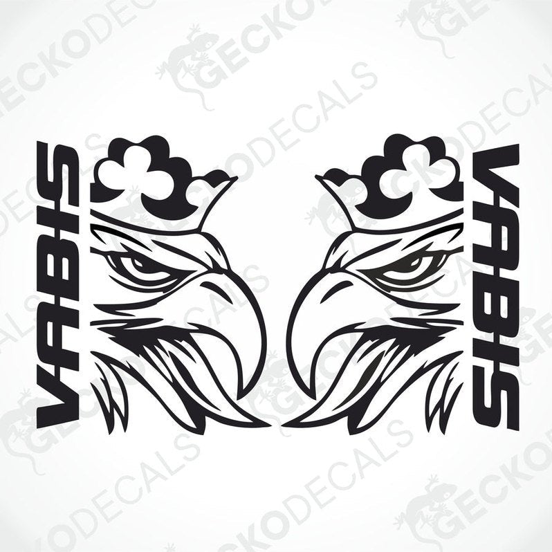A pair of black and white die cut decals depicting the heads of two stylized eagles with 'VABIS' written across their chests.