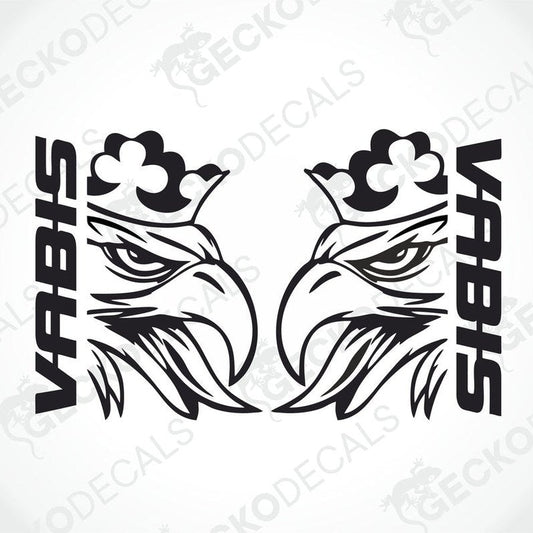 A pair of black and white die cut decals depicting the heads of two stylized eagles with 'VABIS' written across their chests.