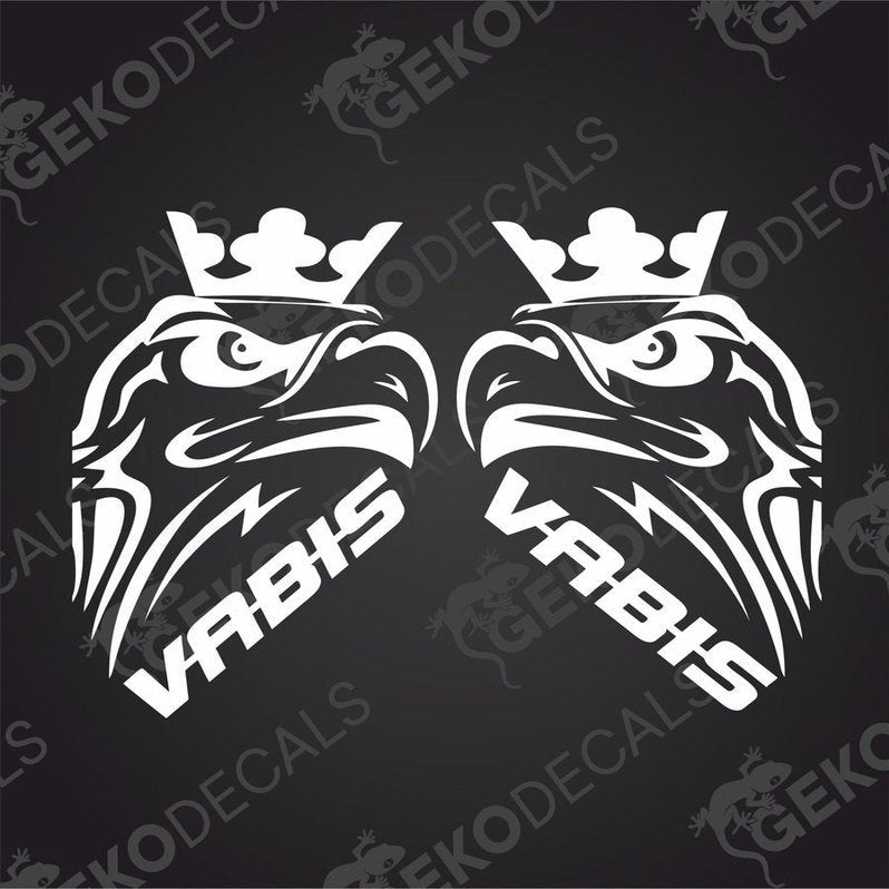 Two black and white eagle decals with 'VABIS' written on them, designed for use as vehicle decals.