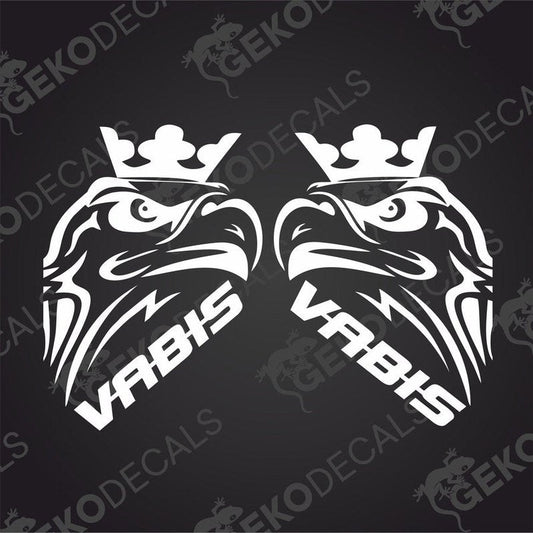 Two black and white eagle decals with 'VABIS' written on them, designed for use as vehicle decals.