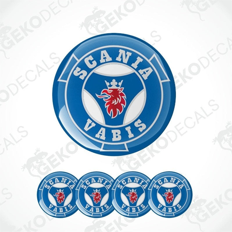 A set of blue vinyl decals with the text 'SCANIA VABIS' and an emblem, including four different sizes shown.