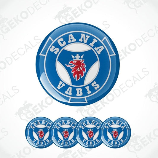 A set of blue vinyl decals with the text 'SCANIA VABIS' and an emblem, including four different sizes shown.