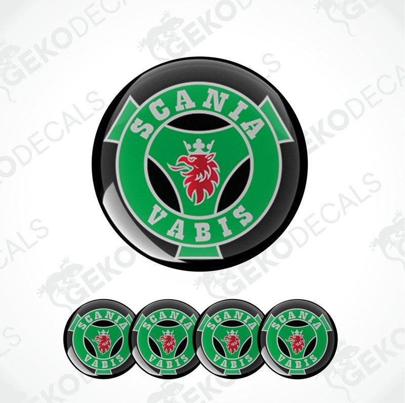 A set of four green and black vinyl stickers with the Scania Vabis logo.