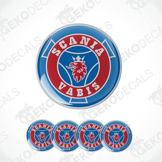 A set of four blue vinyl stickers with a red and white Scania Vabis logo, designed for vehicle decoration.