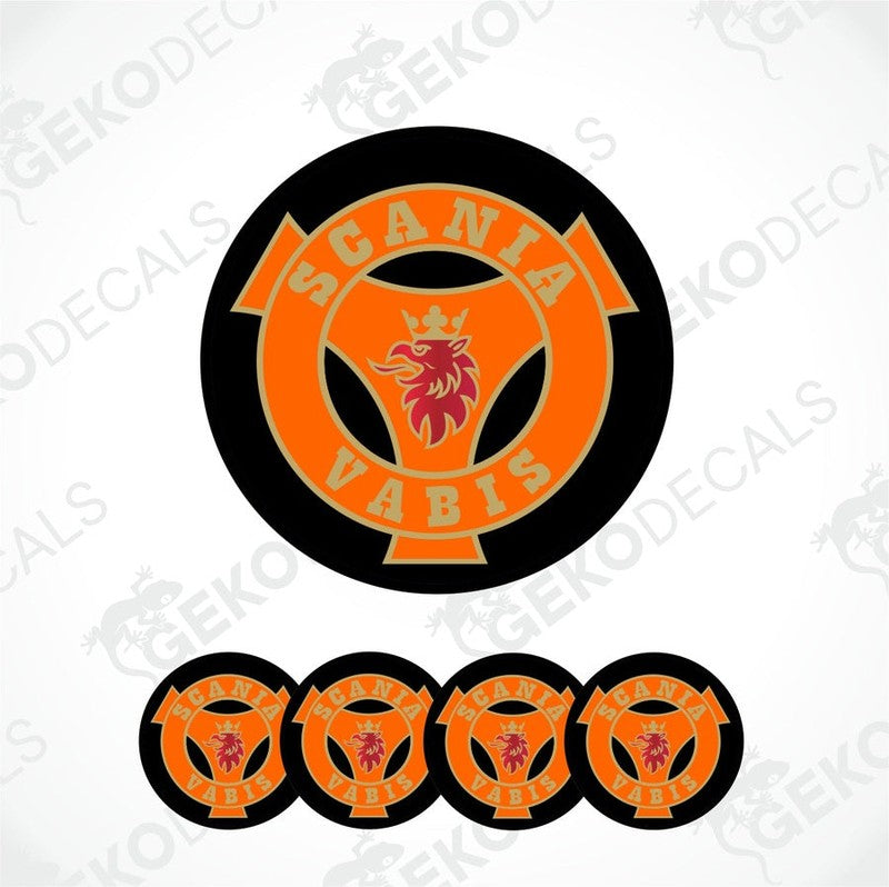 A set of four orange, black, and red vinyl stickers with a Scania Vabis logo design.