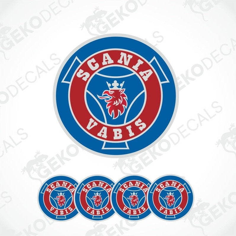 A set of four blue vinyl stickers with a red and white Scania Vabis logo, designed for vehicle decoration.
