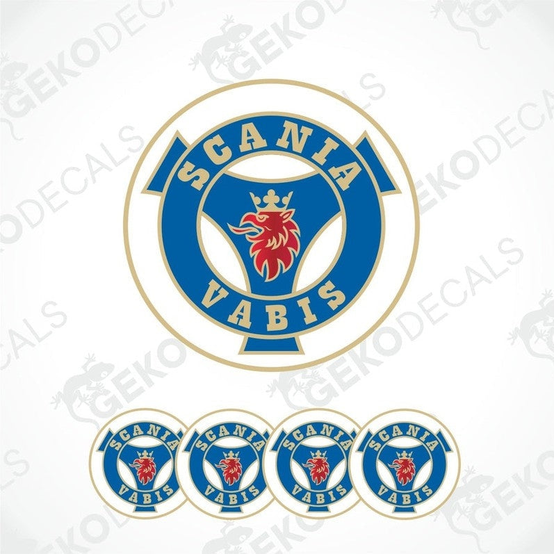 A set of four round blue and white decals with a red logo of Scania Vabis in the center.