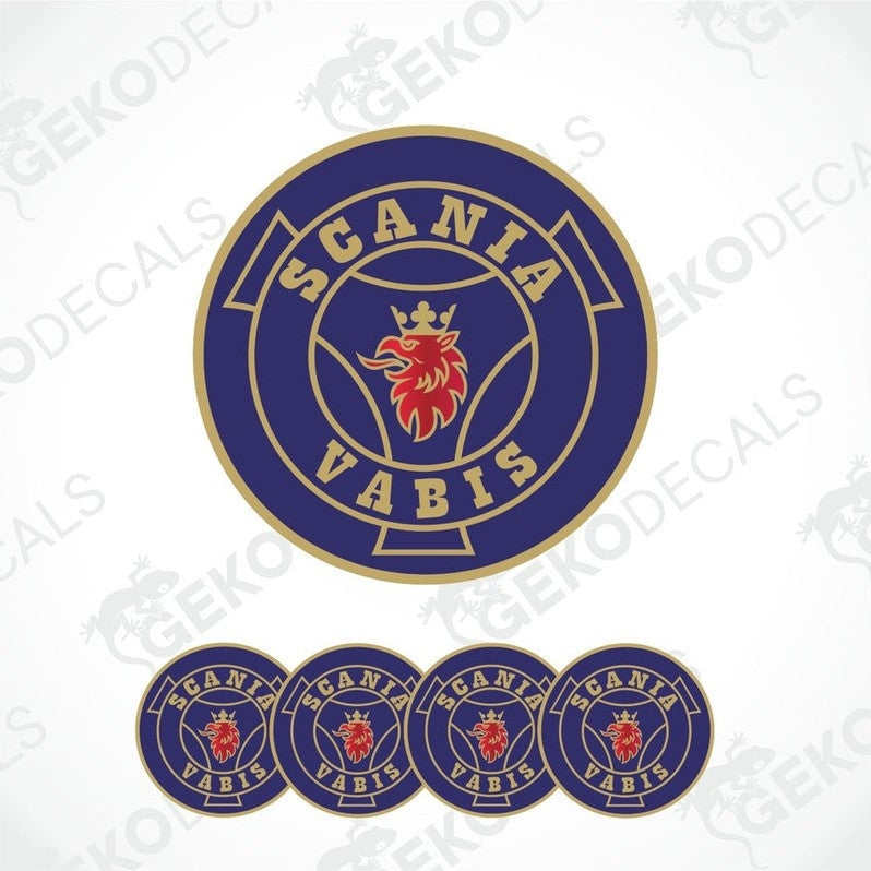 A set of four blue vinyl stickers with the Scania Vabis logo, which includes a red lion and the brand name, surrounded by a gold border.