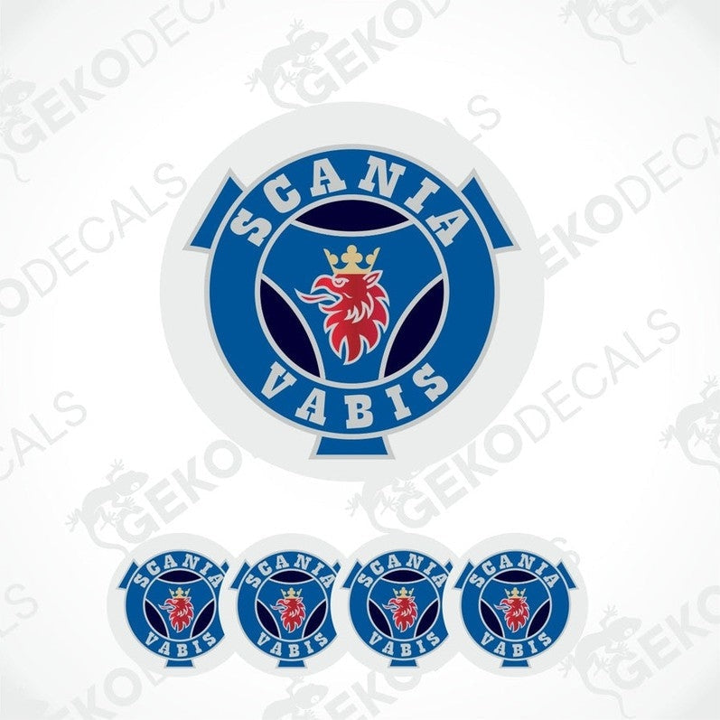 A set of round vinyl decals with a blue and red 'Scania Vabis' logo and a bull's head illustration.