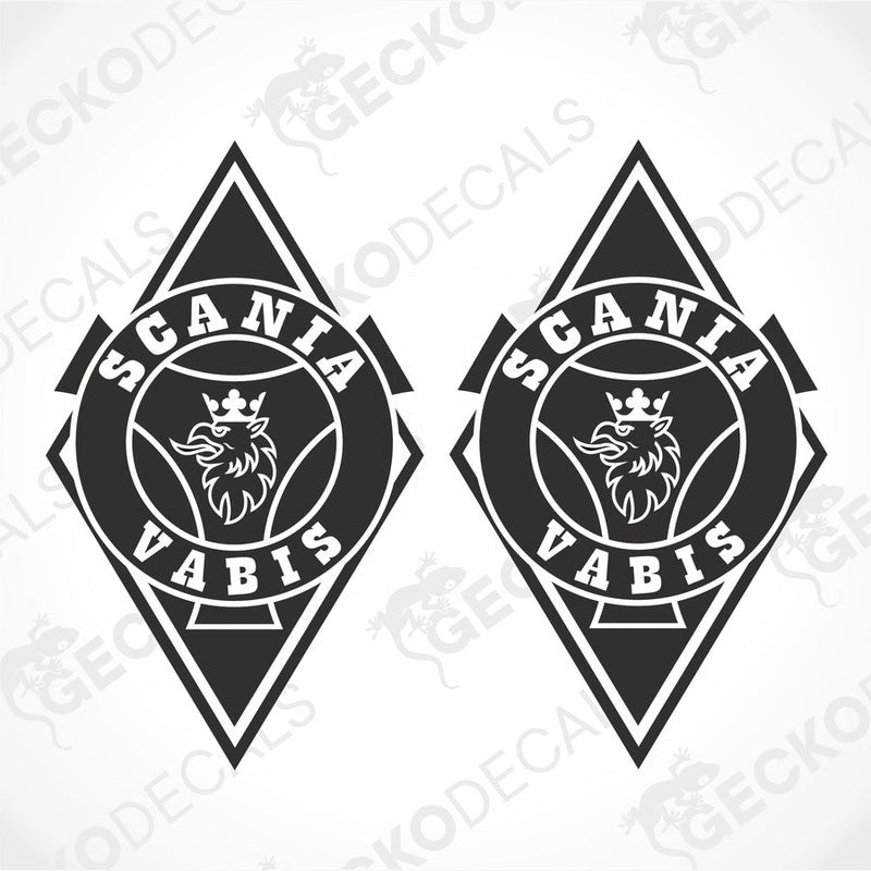 Two black and white diamond-shaped decals with the Scania Vabis logo