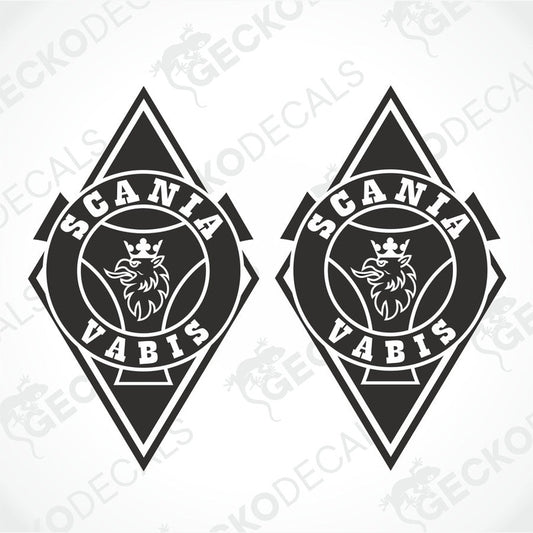 Two black and white diamond-shaped decals with the Scania Vabis logo