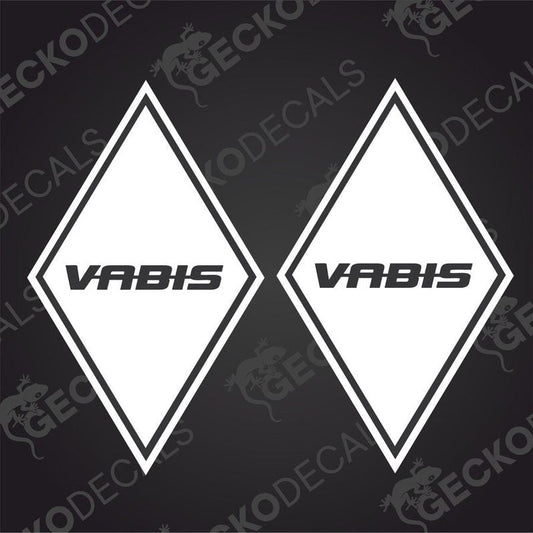 Two white diamond-shaped vehicle decals with the word 'VABIS' written in black.