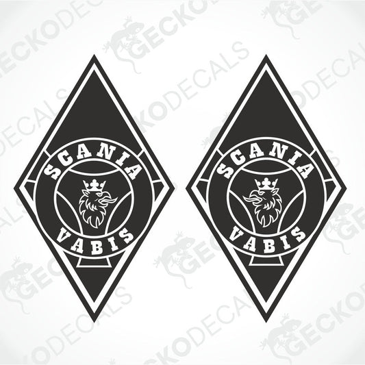 Two black and white diamond-shaped decals with the Scania Vabis logo.