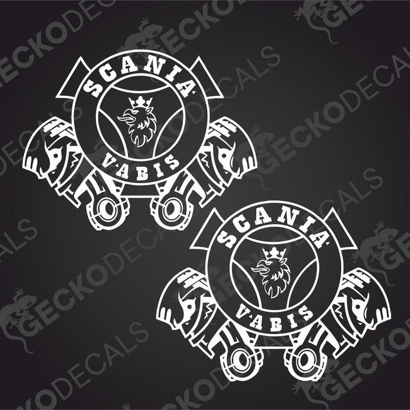 Two white decals with the Scania Vabis logo on a black background