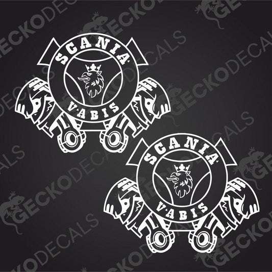 Two white decals with the Scania Vabis logo on a black background