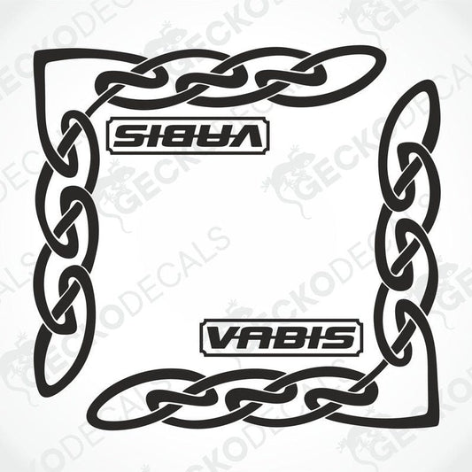 A pair of black side window decals with geometric chain patterns and the brand name 'VABIS' displayed in the center.