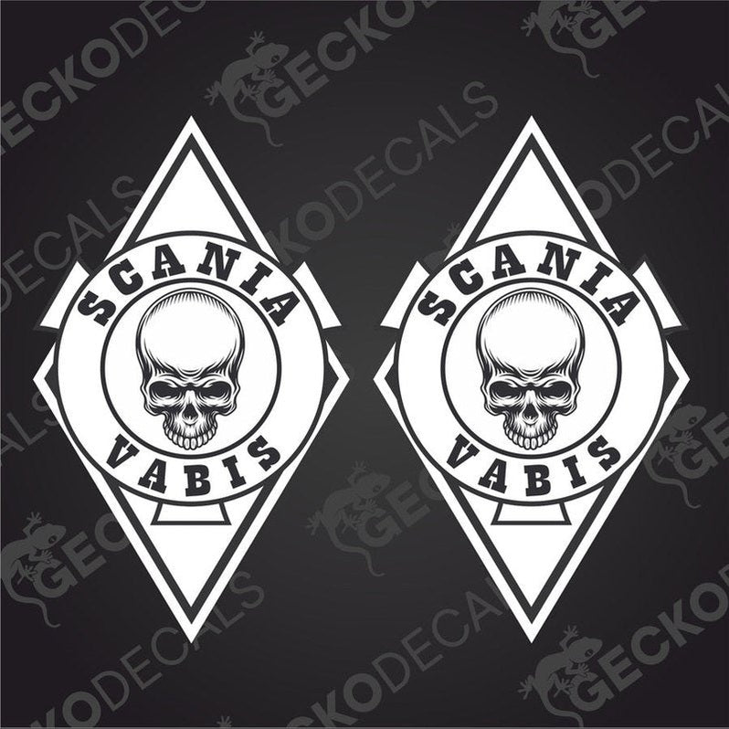 A pair of white decal stickers with the Scania Vabis brand logo, featuring a skull design, intended for use on vehicles.