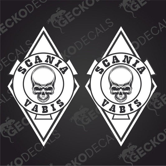 A pair of white decal stickers with the Scania Vabis brand logo, featuring a skull design, intended for use on vehicles.