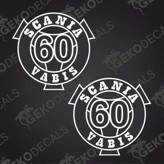 Two round white decals with the text '60' and 'SCANIA VABIS'. The decals have a geometric design with a border and the brand logo.
