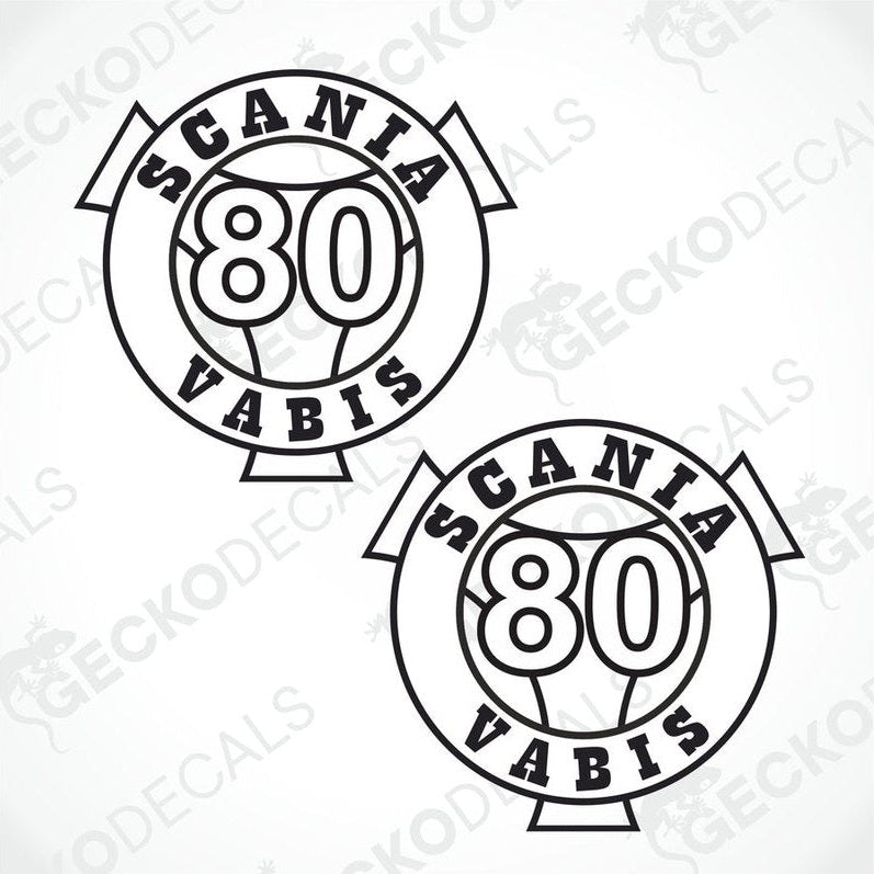 Two white decals with the text 'SCANIA VABIS 80' on a withe background.