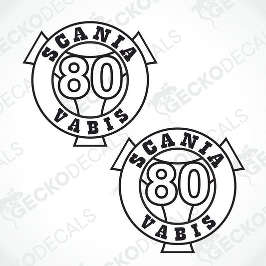 Two white decals with the text 'SCANIA VABIS 80' on a withe background.