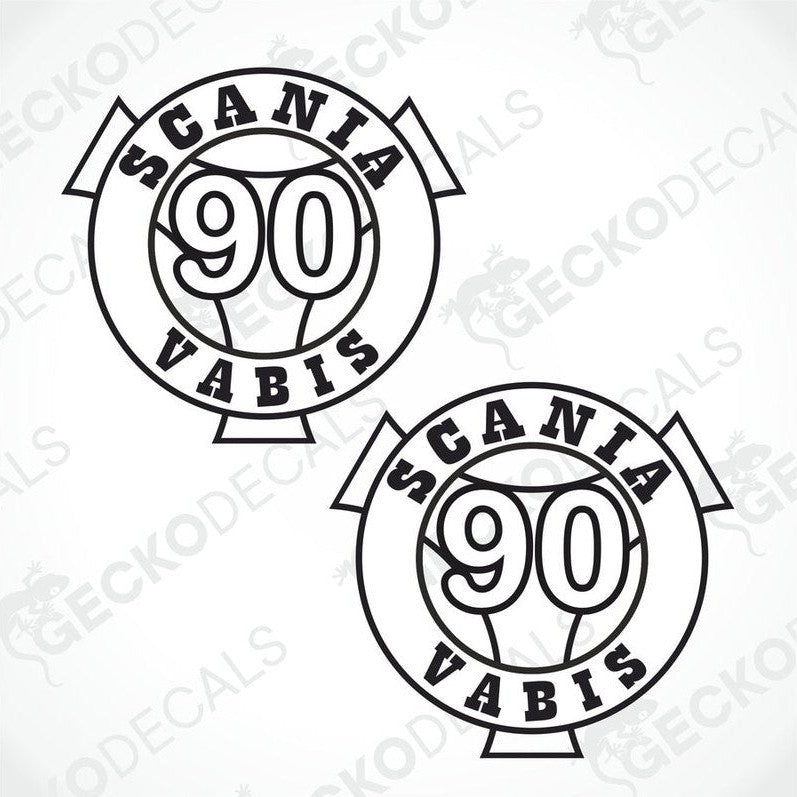 Two white decals with the text 'SCANIA VABIS 90' on a withe background.