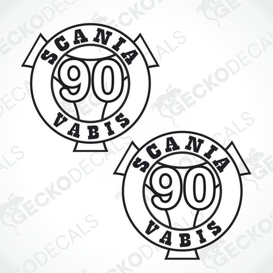 Two white decals with the text 'SCANIA VABIS 90' on a withe background.