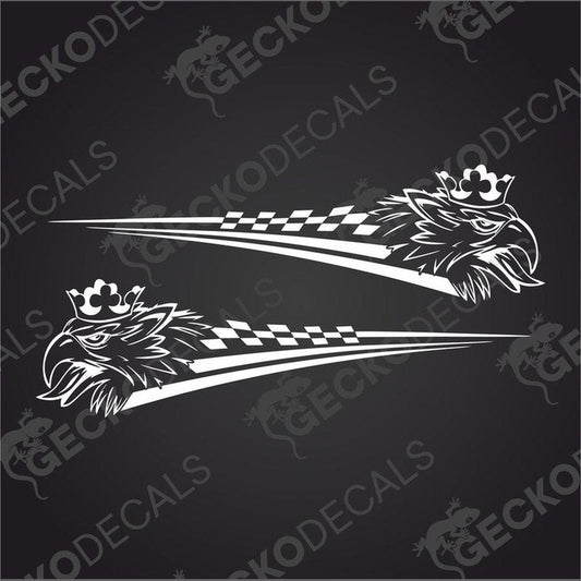 A pair of black and white tribal design decals featuring bird heads with checkered patterns.