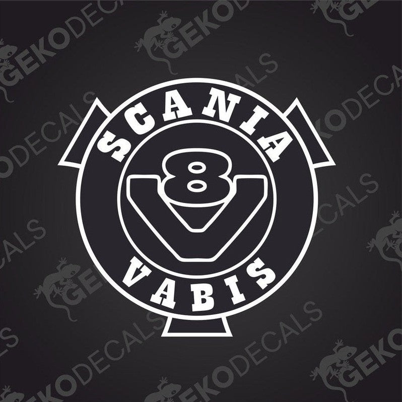 A black and white decal with the text 'SCANIA V8 VABIS' in a circular design.