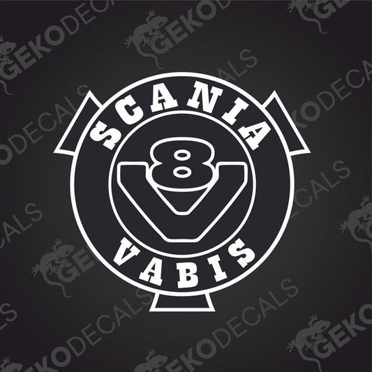 A black and white decal with the text 'SCANIA V8 VABIS' in a circular design.