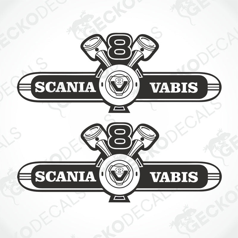 Two black and white die cut decals with the text 'SCANIA VABIS V8' and a graphic of a engine.