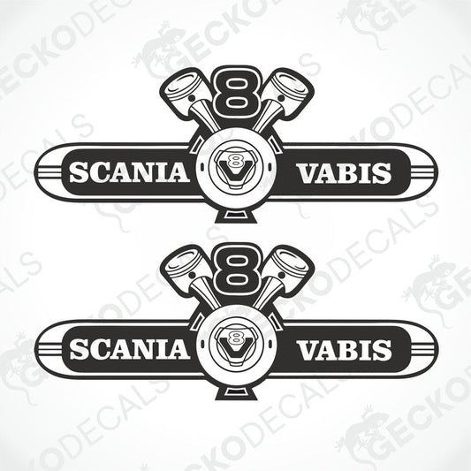 Two black and white die cut decals with the text 'SCANIA VABIS V8' and a graphic of a engine.