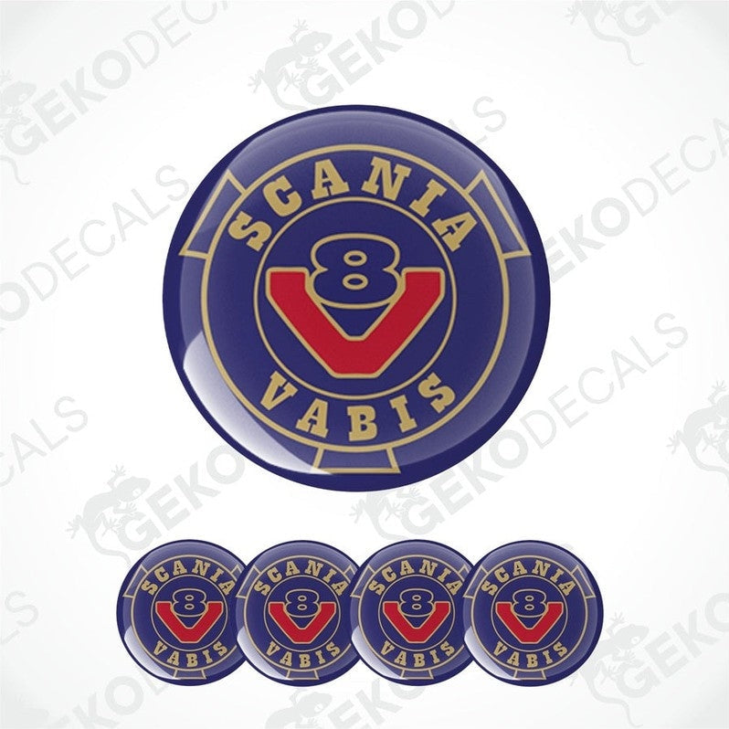 A set of round blue vinyl decals with the text 'SCANIA VABIS V8' in white and red.