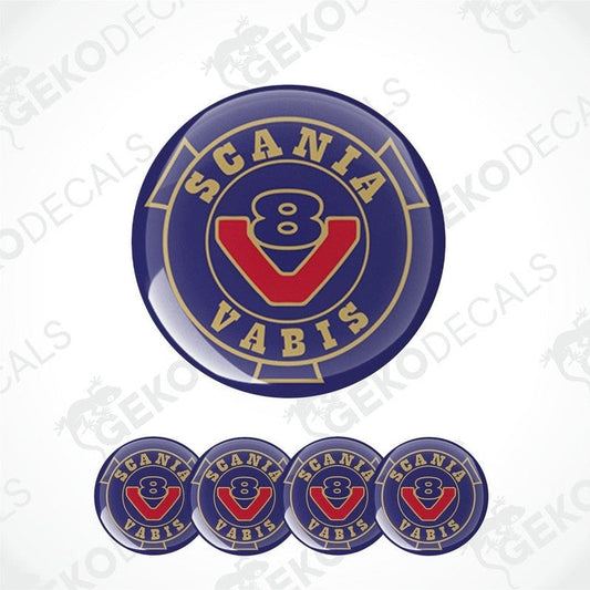 A set of round blue vinyl decals with the text 'SCANIA VABIS V8' in white and red.