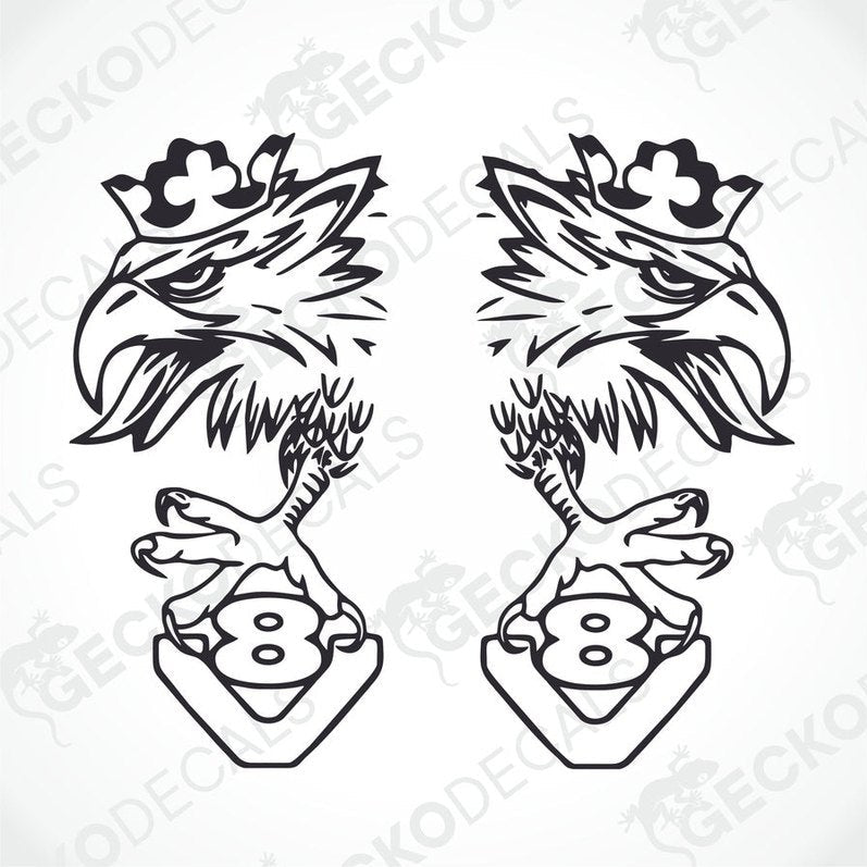 A pair of black and white die cut decals depicting an eagle with a crown and a number 8.