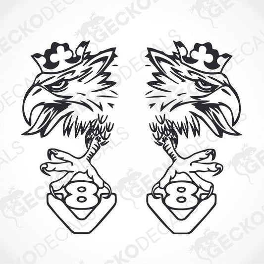 A pair of black and white die cut decals depicting an eagle with a crown and a number 8.