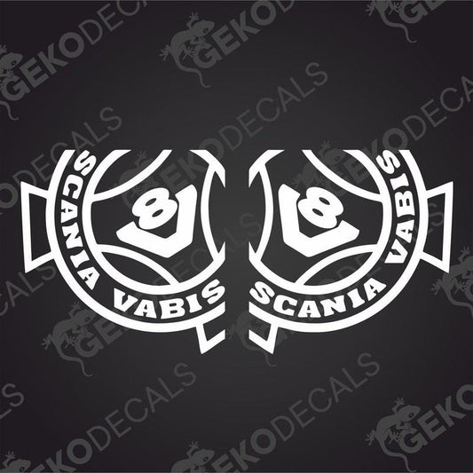 Two white decal stickers with the Scania Vabis V8 logo on a black background.