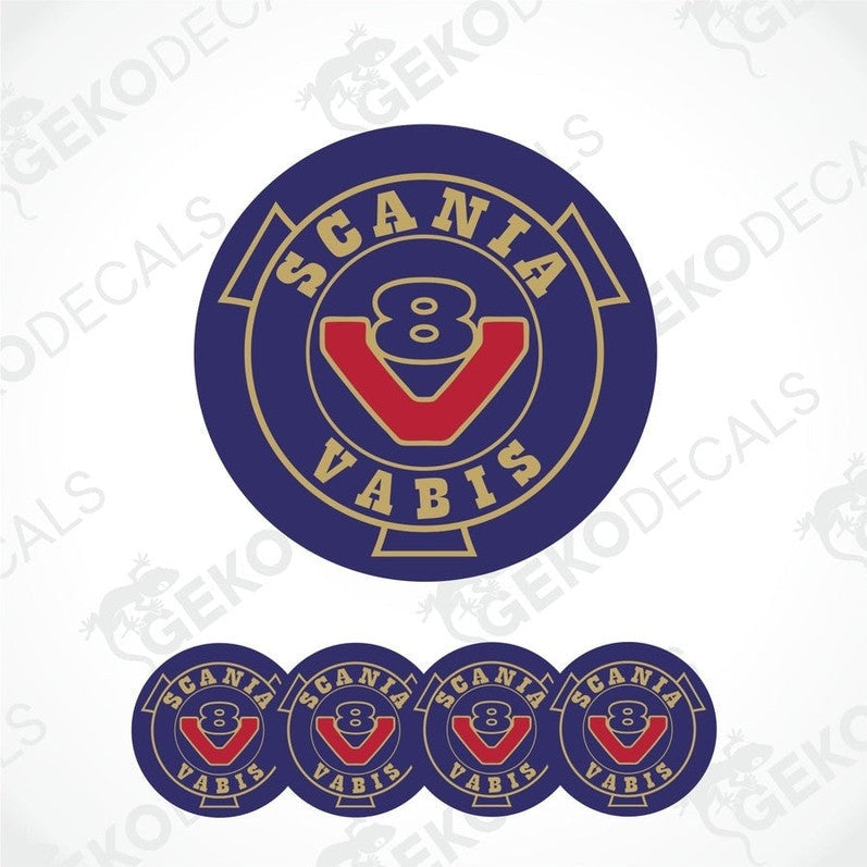 A set of round blue vinyl decals with the text 'SCANIA VABIS V8' in white and red.