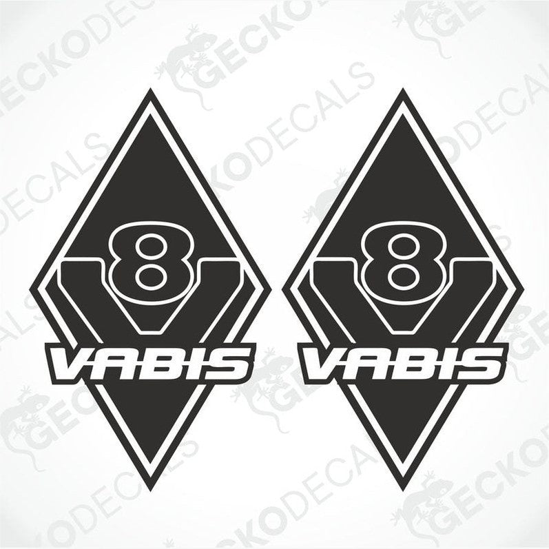 Two black and white diamond-shaped vehicle decals with the text '8 VABIS' on them.