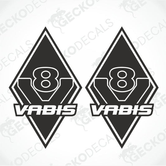 Two black and white diamond-shaped vehicle decals with the text '8 VABIS' on them.