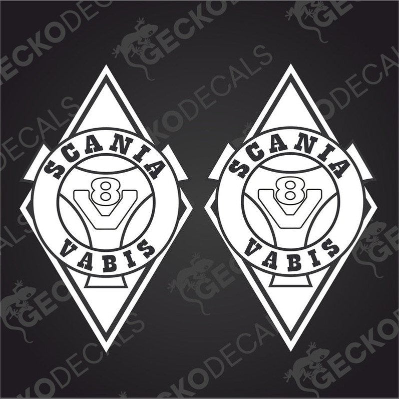 A pair of white diamond-shaped decals with the Scania Vabis V8 logo on them, designed for use on vehicles.