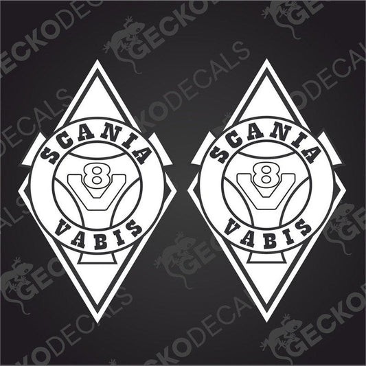 A pair of white diamond-shaped decals with the Scania Vabis V8 logo on them, designed for use on vehicles.