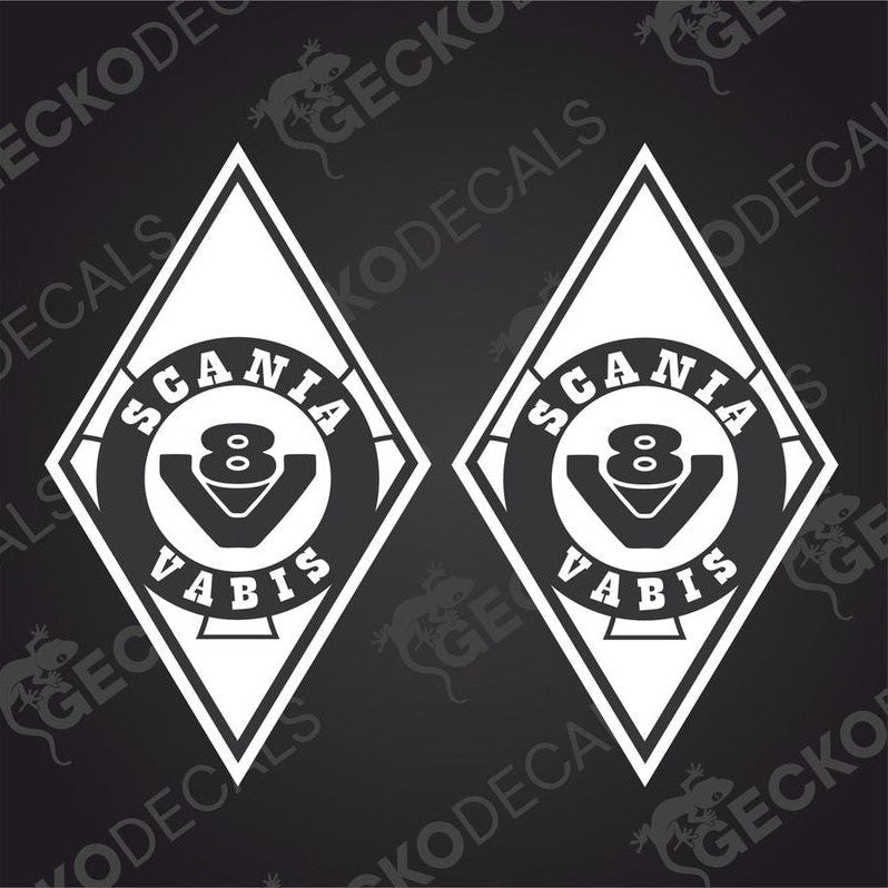 Two black and white vehicle decals with the Scania Vabis branding.