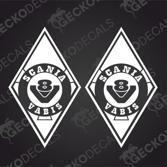 Two black and white vehicle decals with the Scania Vabis branding.