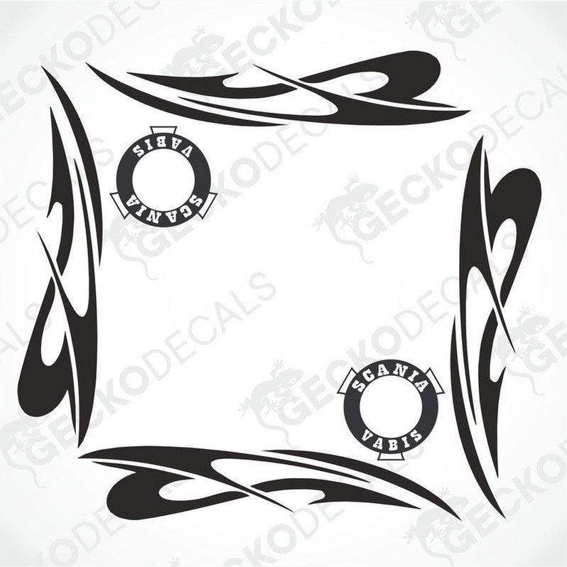 A set of two black and white tribal patterned side window decals for a Scania VABIS V8 truck.