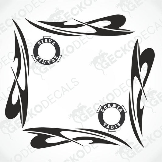 A set of two black and white tribal patterned side window decals for a Scania VABIS V8 truck.