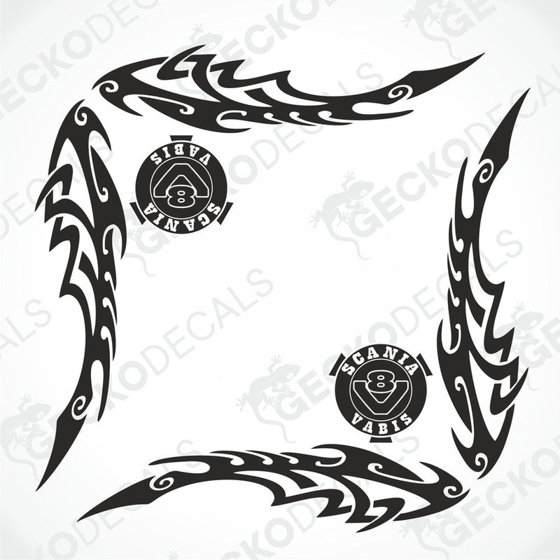 A set of two black tribal pattern side window decals for a Scania V8 truck, displayed on a white background.