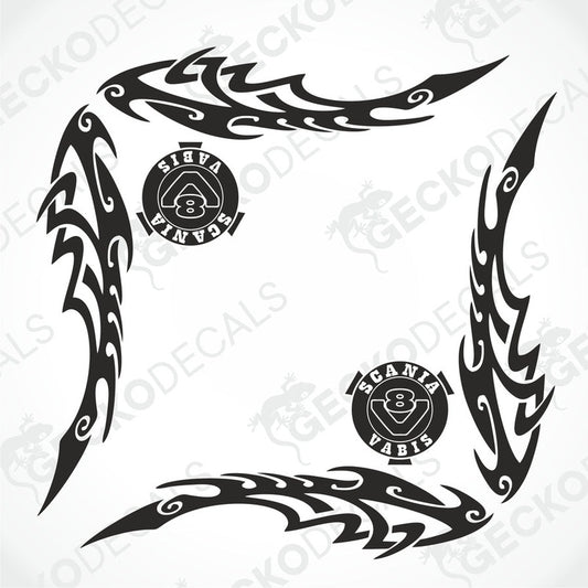 A set of two black tribal pattern side window decals for a Scania V8 truck, displayed on a white background.