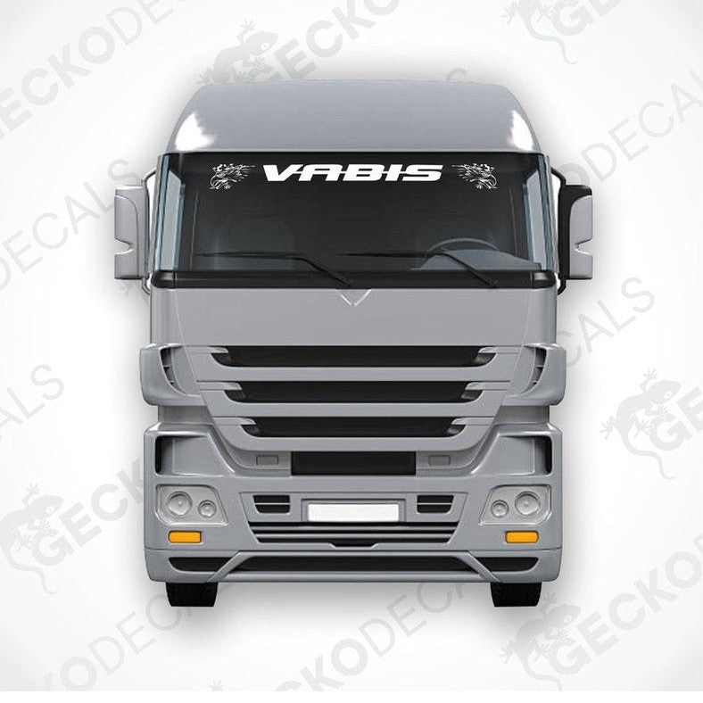 A front view of a Scania truck with a 'VABIS' die cut decal on the windscreen.