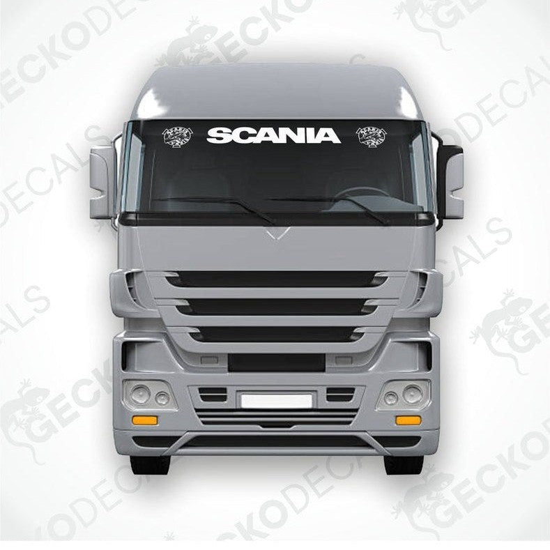 A front view of a Scania truck with a die cut decal on the windscreen.